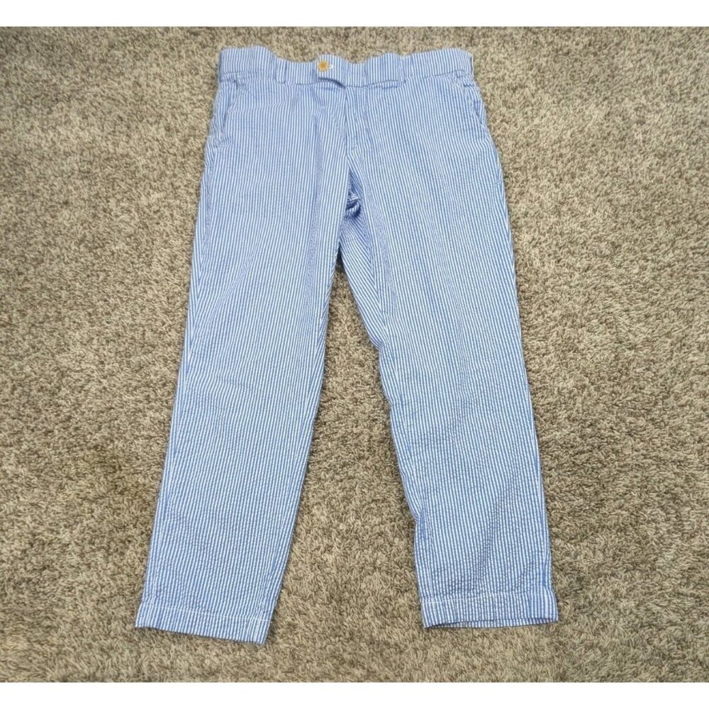Brooks Brothers Seersucker Pants Men 36x30 Milano Fit Slim Flat Front Blue White